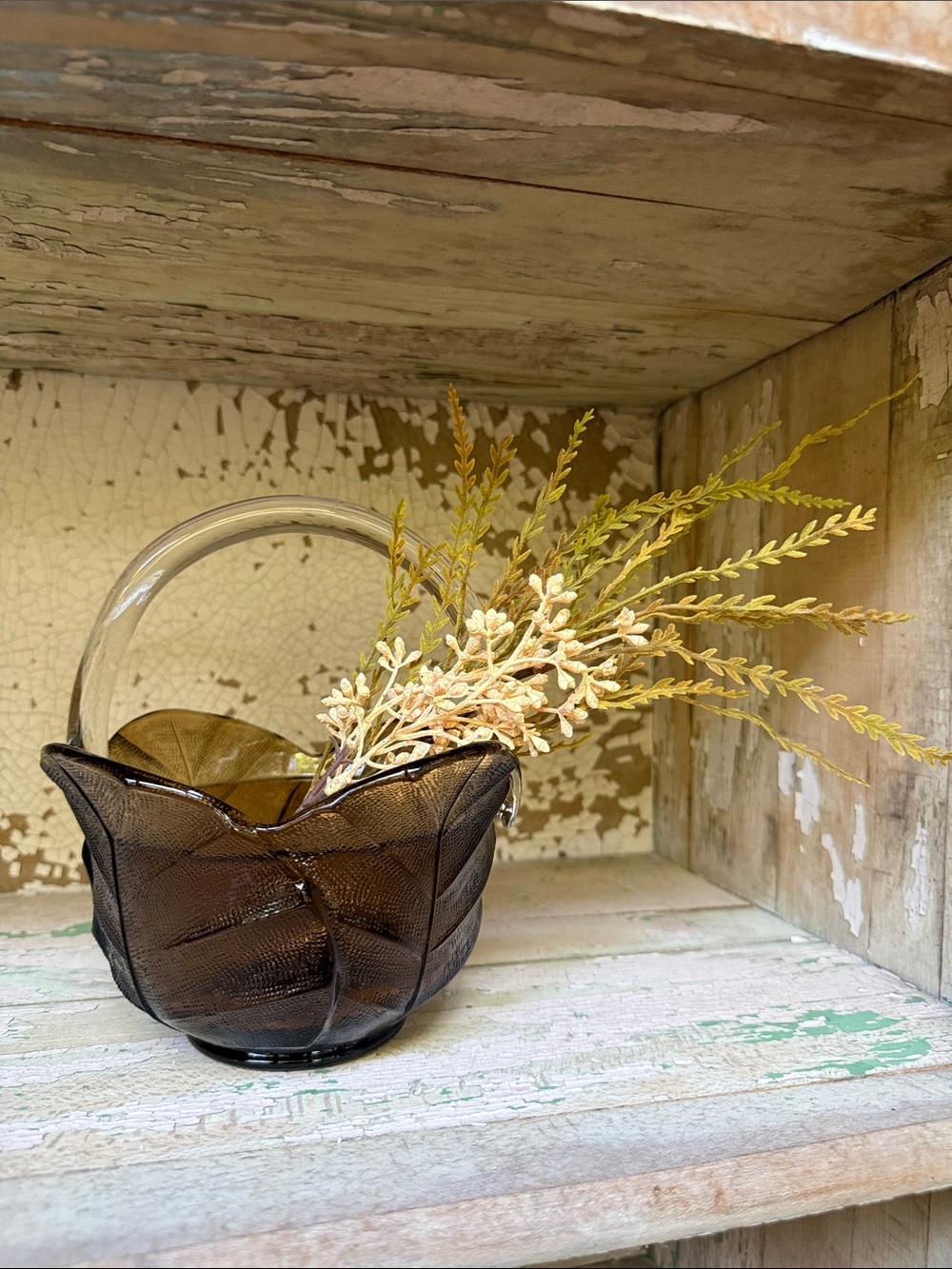 🍂 Vintage 1960s Viking Glass Cabbage Leaf Basket Handmade Brown Smoke
